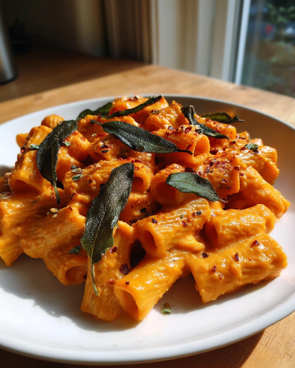 Close-up of rigatoni pasta coated in creamy butternut squash sauce, topped with fried sage leaves.