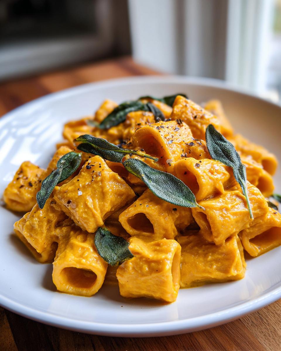 Close-up of rigatoni pasta coated in creamy butternut squash pasta sauce, topped with fresh sage leaves.
