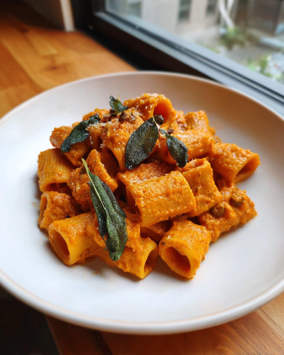 A serving of rigatoni pasta coated in a creamy orange butternut squash pasta sauce, topped with fried sage leaves.