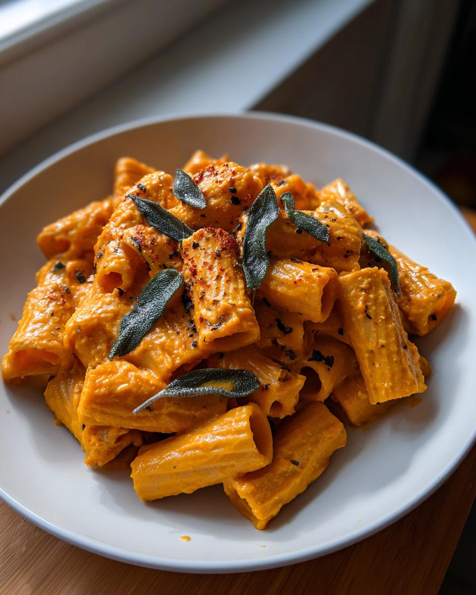 A bowl of rigatoni pasta coated in a rich orange butternut squash pasta sauce, topped with fresh sage leaves.