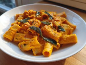 A white bowl filled with rigatoni pasta coated in a rich, orange butternut squash pasta sauce, topped with fried sage leaves.