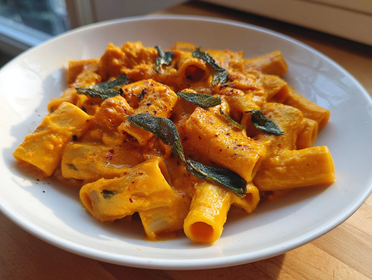 A white bowl filled with rigatoni pasta coated in a rich, orange butternut squash pasta sauce, topped with fried sage leaves.