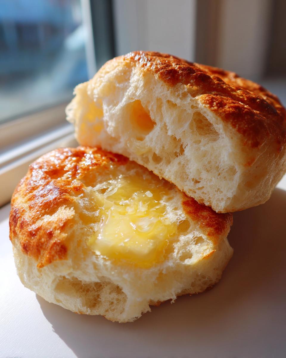 Close-up of a homemade english muffin, split in half with melting butter pooled inside.