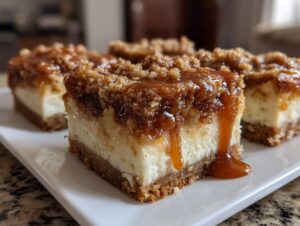 Close-up of a decadent apple cheesecake bars square topped with crumble and dripping with caramel sauce.