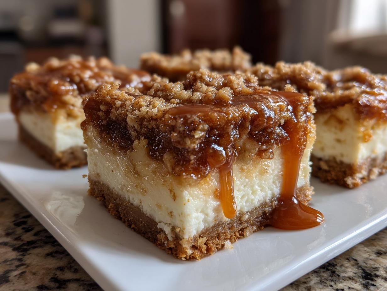 Close-up of a decadent apple cheesecake bars square topped with crumble and dripping with caramel sauce.