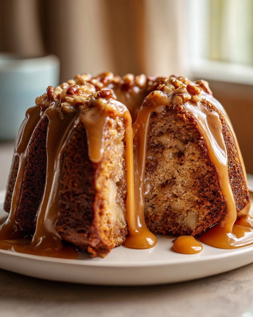 A rich, moist apple dapple cake baked in a bundt pan, generously drizzled with thick caramel sauce and topped with pecans.