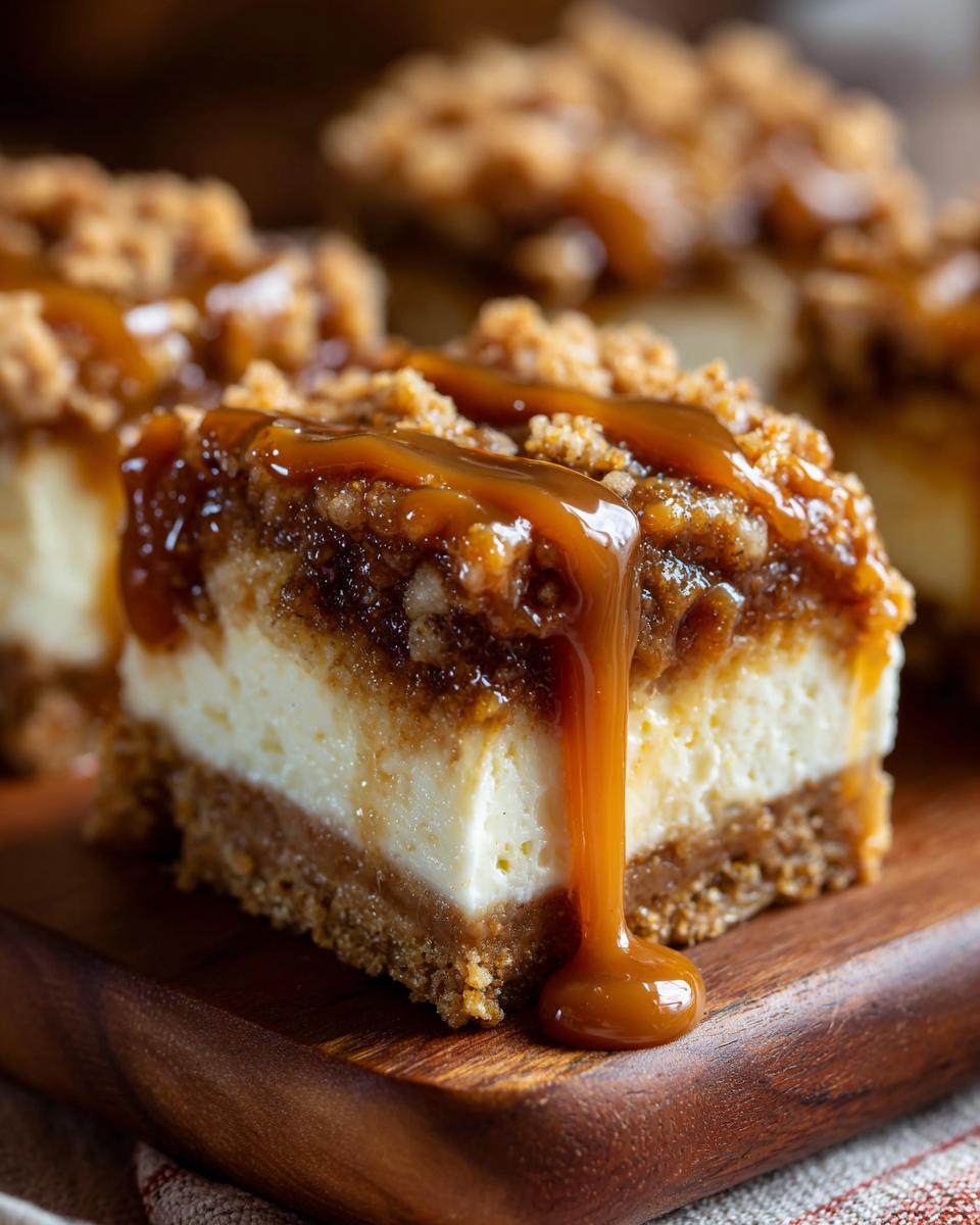 A close-up of a rich apple cheesecake bars slice topped with crumble and dripping with thick caramel sauce.