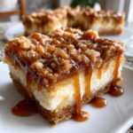 A close-up of a rich apple cheesecake bars slice topped with crumble and drizzled heavily with caramel sauce.