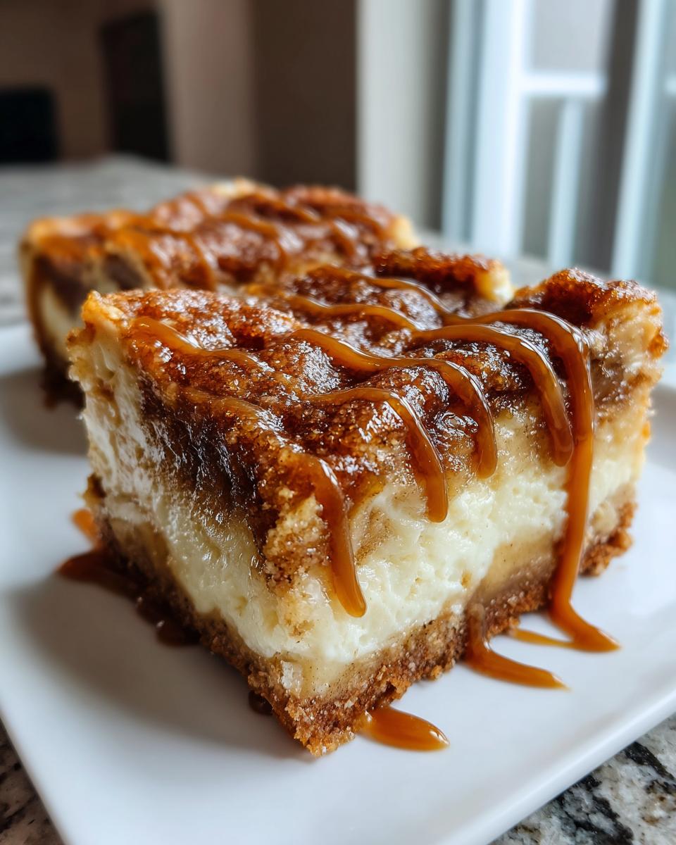 Close-up of a rich slice of apple cheesecake bars topped with cinnamon crumble and drizzled with caramel sauce.
