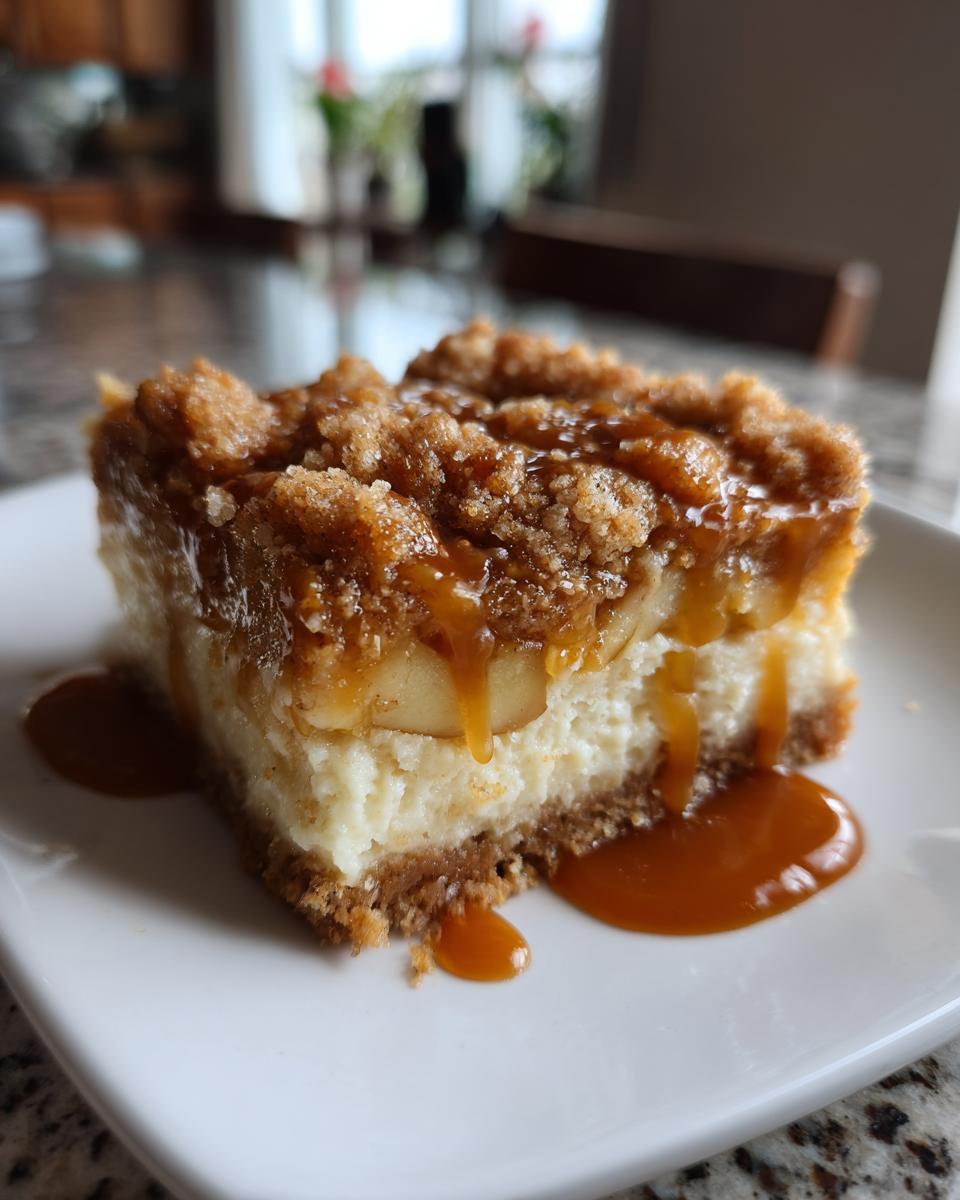 A single serving of rich apple cheesecake bars topped with crumble and drizzled heavily with caramel sauce.