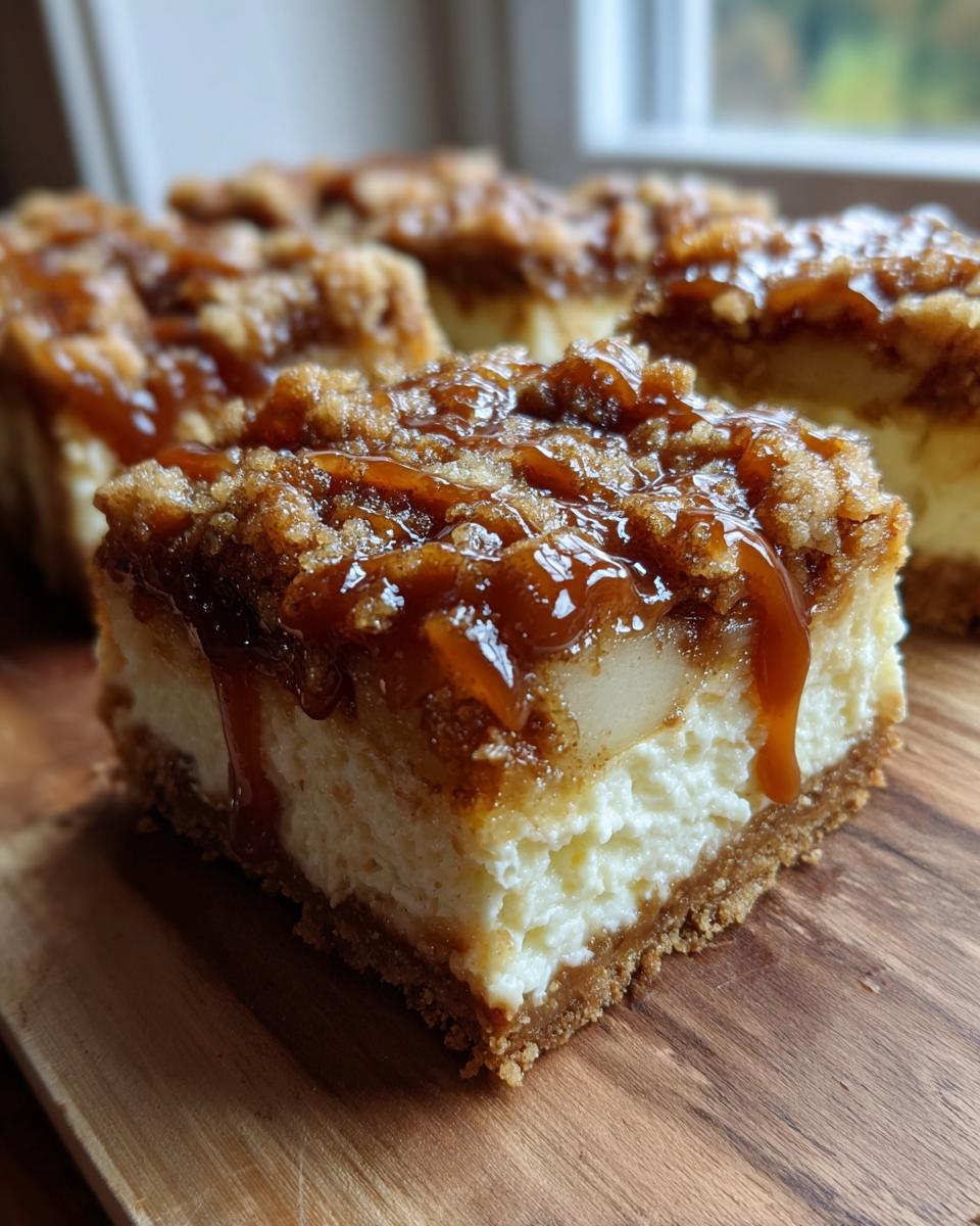 A close-up of a rich apple cheesecake bars square topped with crumble and drizzled with caramel sauce.