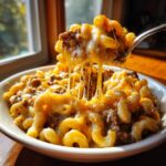 A spoonful of cheesy cheeseburger casserole lifts up, showing long, stretchy cheese pulls over macaroni and ground beef.