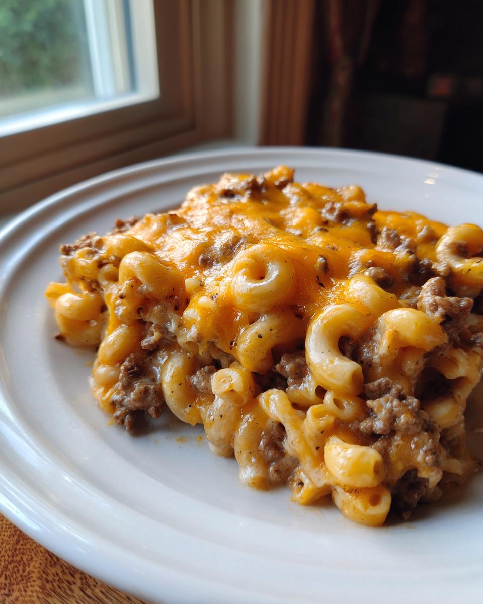Close-up of a hearty serving of cheeseburger casserole featuring elbow macaroni, seasoned ground beef, and melted cheddar cheese.