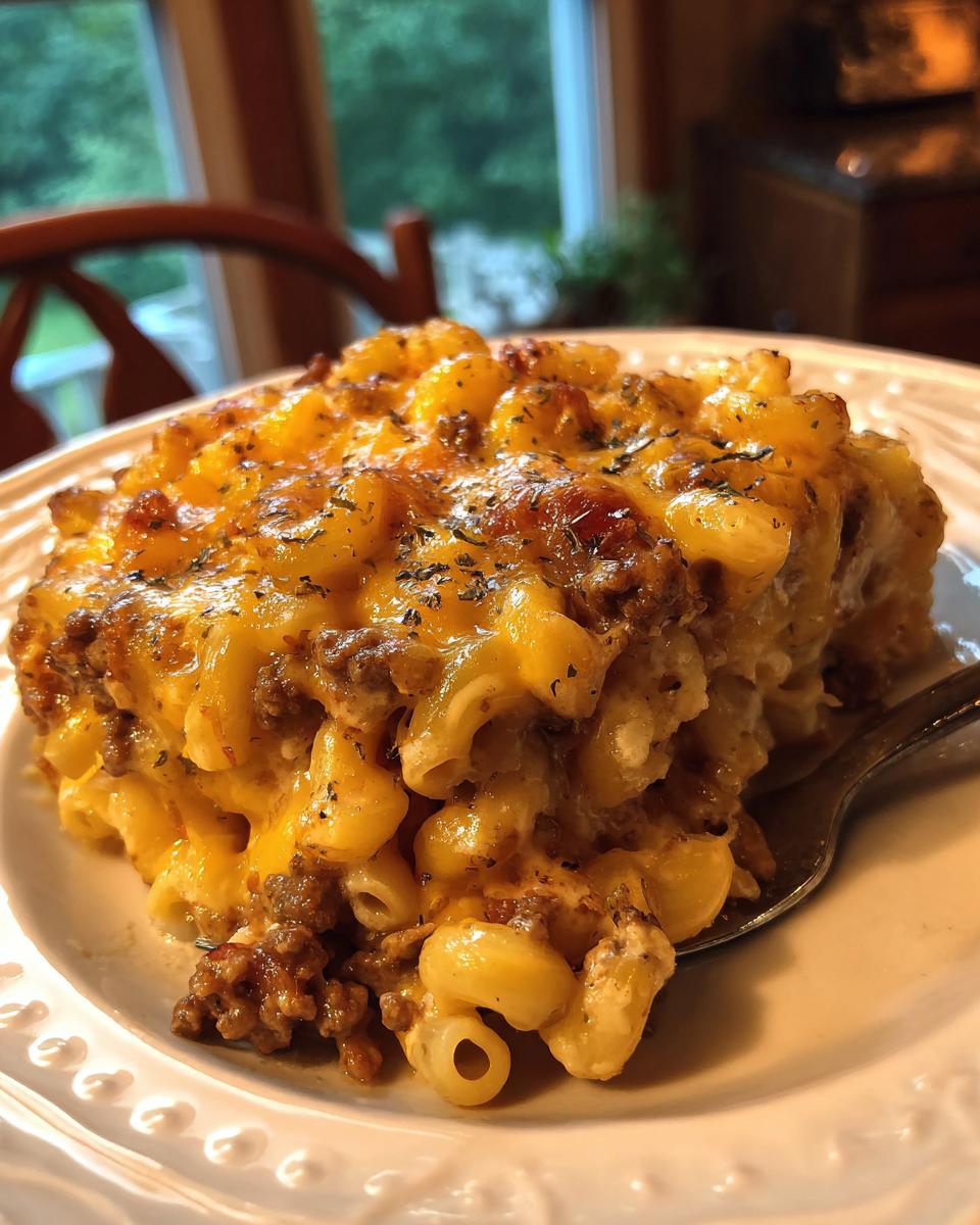 A close-up serving of rich cheeseburger casserole featuring macaroni, ground beef, and melted cheddar cheese.