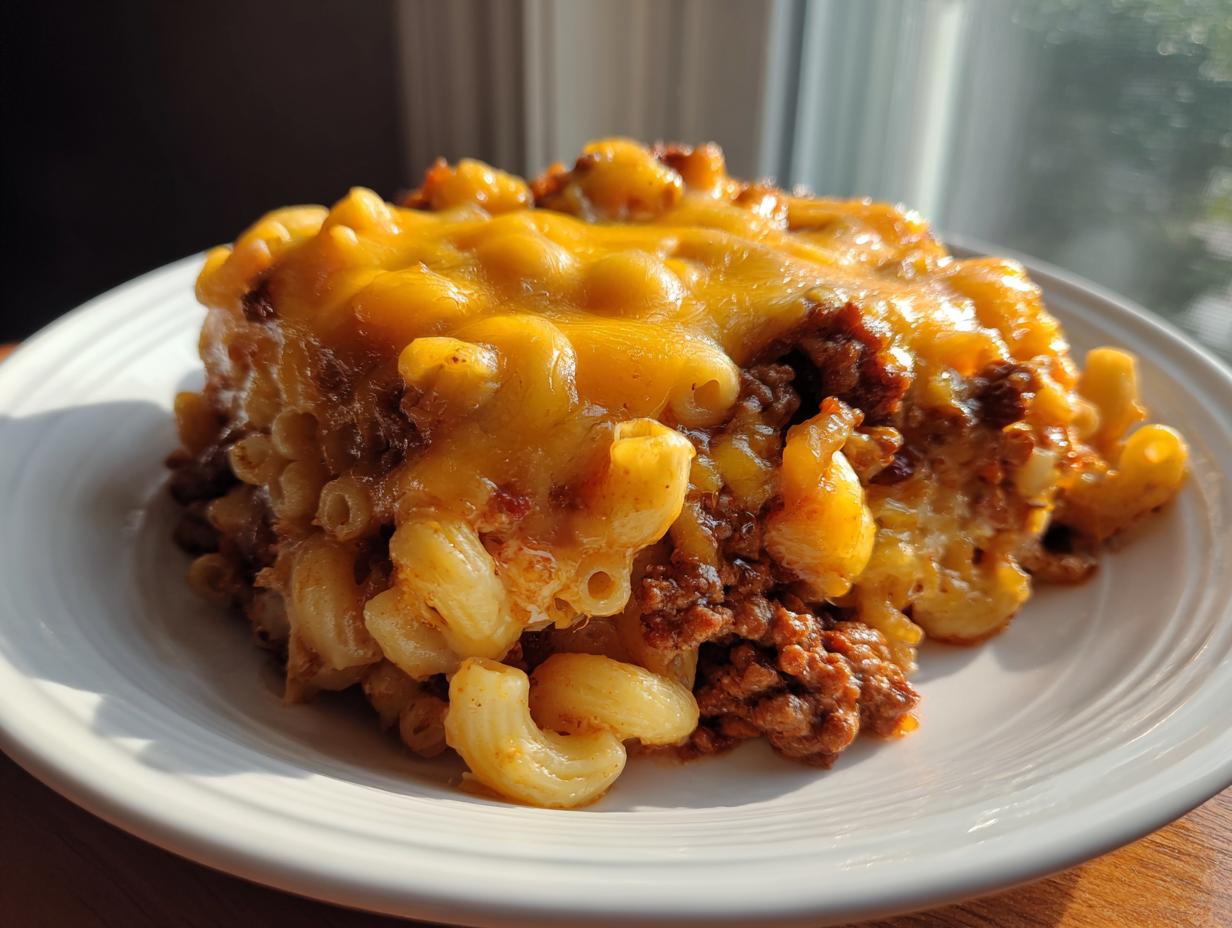 A hearty serving of cheeseburger casserole featuring elbow macaroni, seasoned ground beef, and melted cheddar cheese topping.