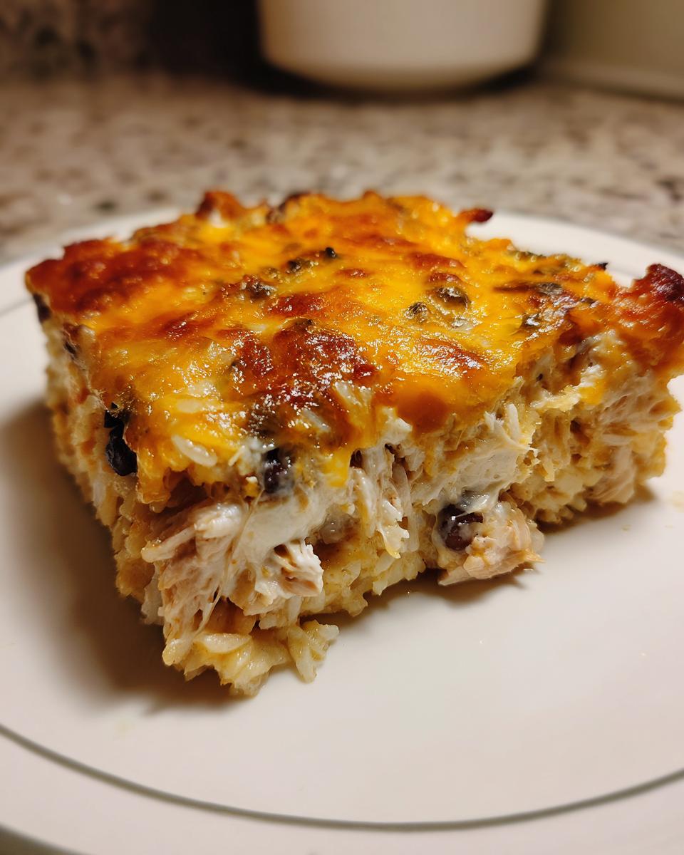 A close-up of a square serving of cheesy burrito bake with shredded chicken and rice, topped with melted cheddar.