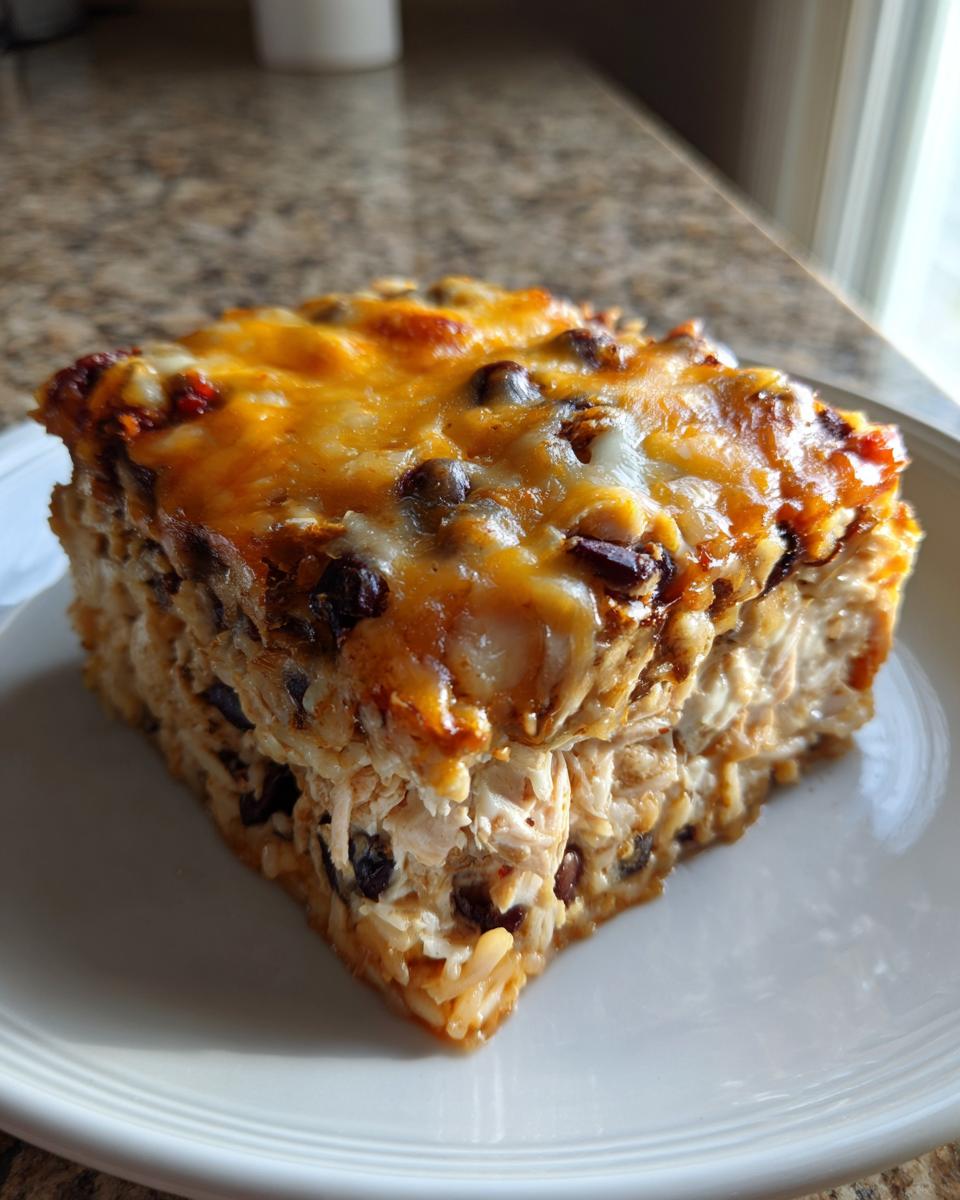 A thick, square slice of cheesy chicken burrito bake with rice and black beans on a white plate.