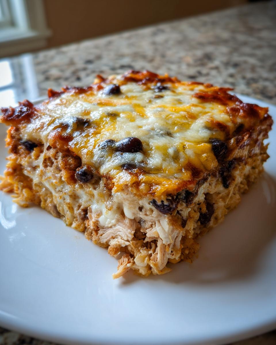 A close-up slice of a layered burrito bake featuring shredded chicken, beans, and a bubbly, melted cheese topping.