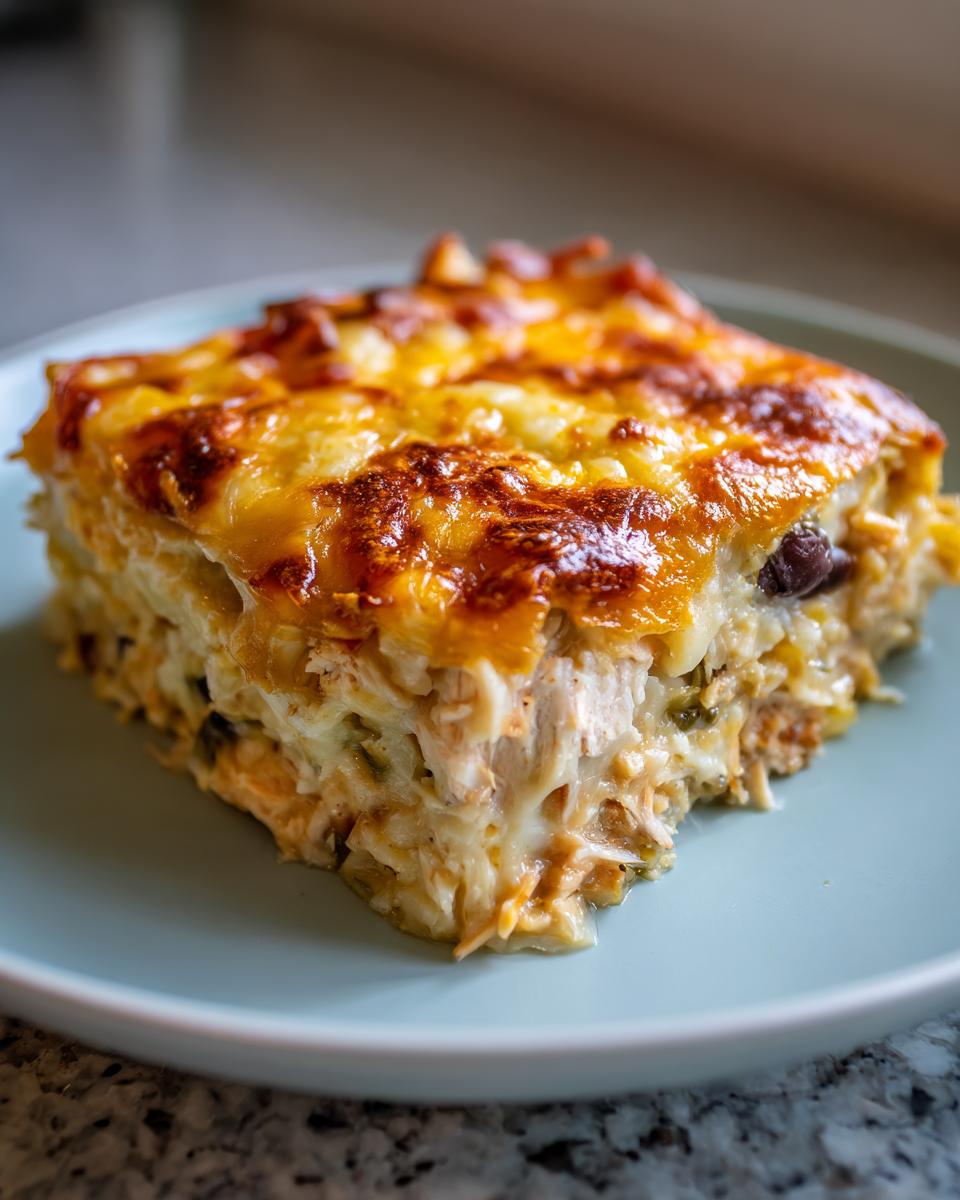 A close-up shot of a square slice of creamy chicken burrito bake topped with melted, browned cheese.