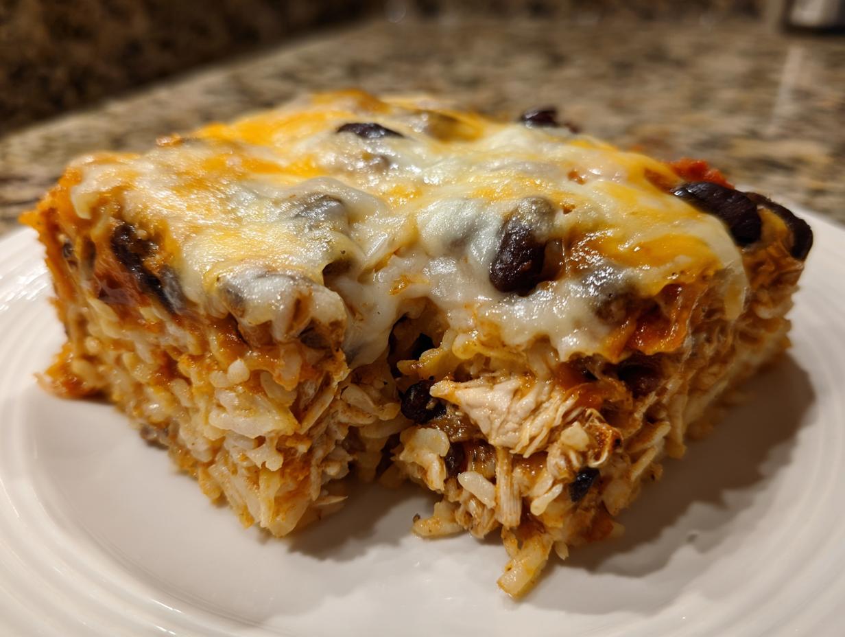 A square serving of cheesy chicken burrito bake, showing layers of rice, shredded chicken, black beans, and melted cheese topping.