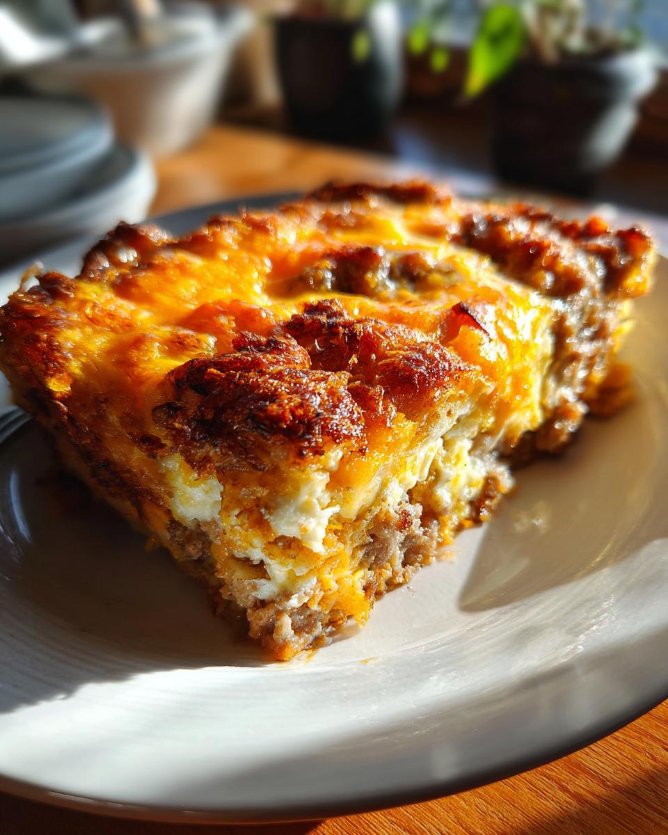 Close-up of a hearty slice of cheesy egg bake with sausage and a golden-brown crust, served on a white plate.