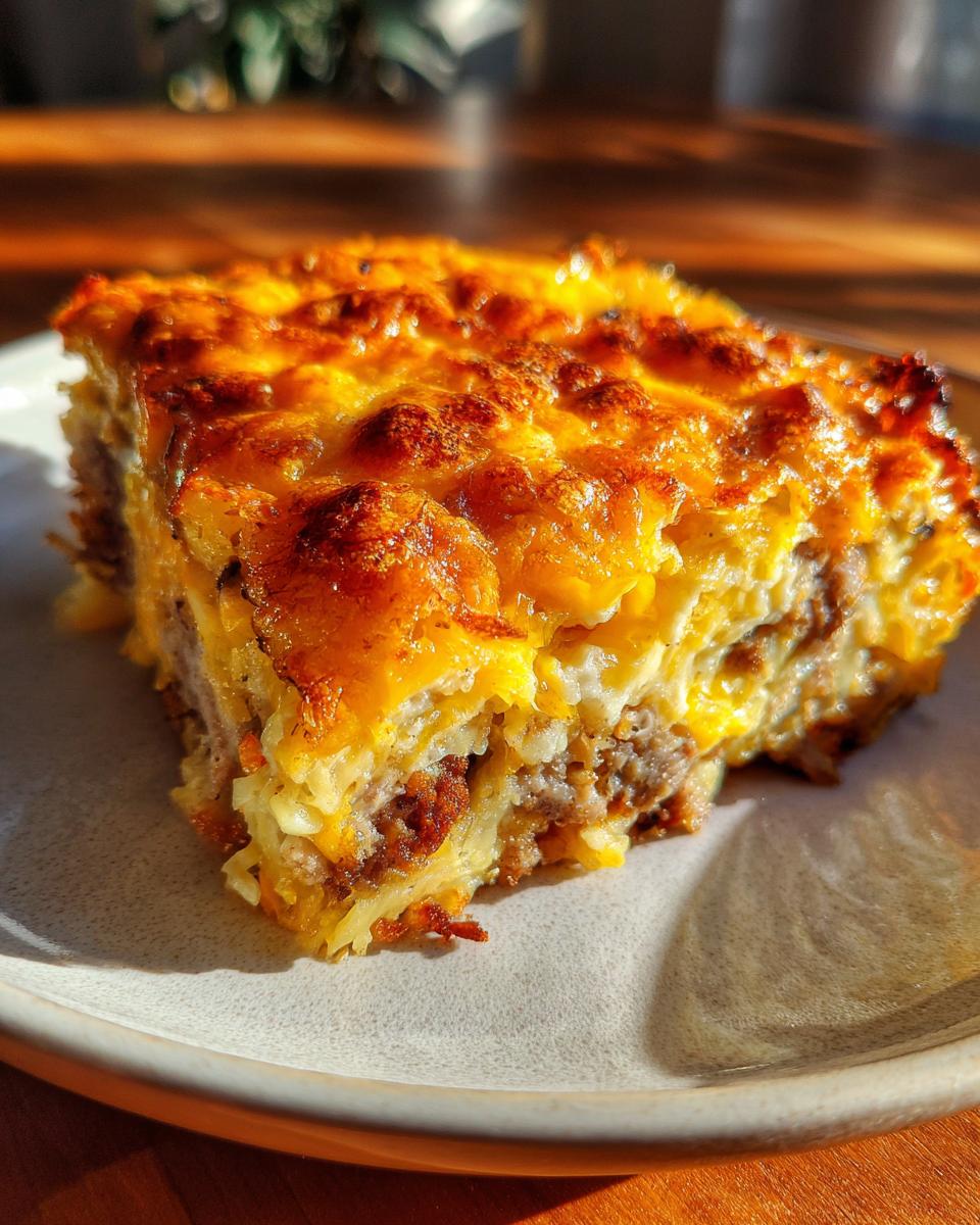 A close-up slice of cheesy egg bake featuring browned, bubbly cheese topping and layers of sausage and egg.