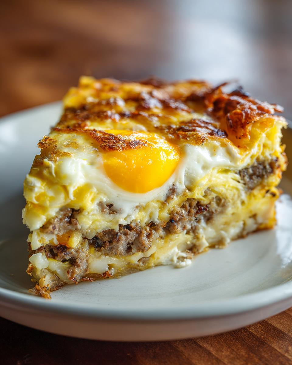 A hearty slice of cheesy egg bake layered with sausage and topped with a visible sunny-side-up egg yolk.