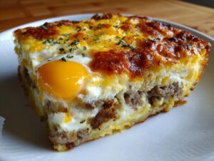 Close-up of a hearty slice of cheesy egg bake featuring a layer of sausage and a perfectly cooked sunny-side-up style yolk.