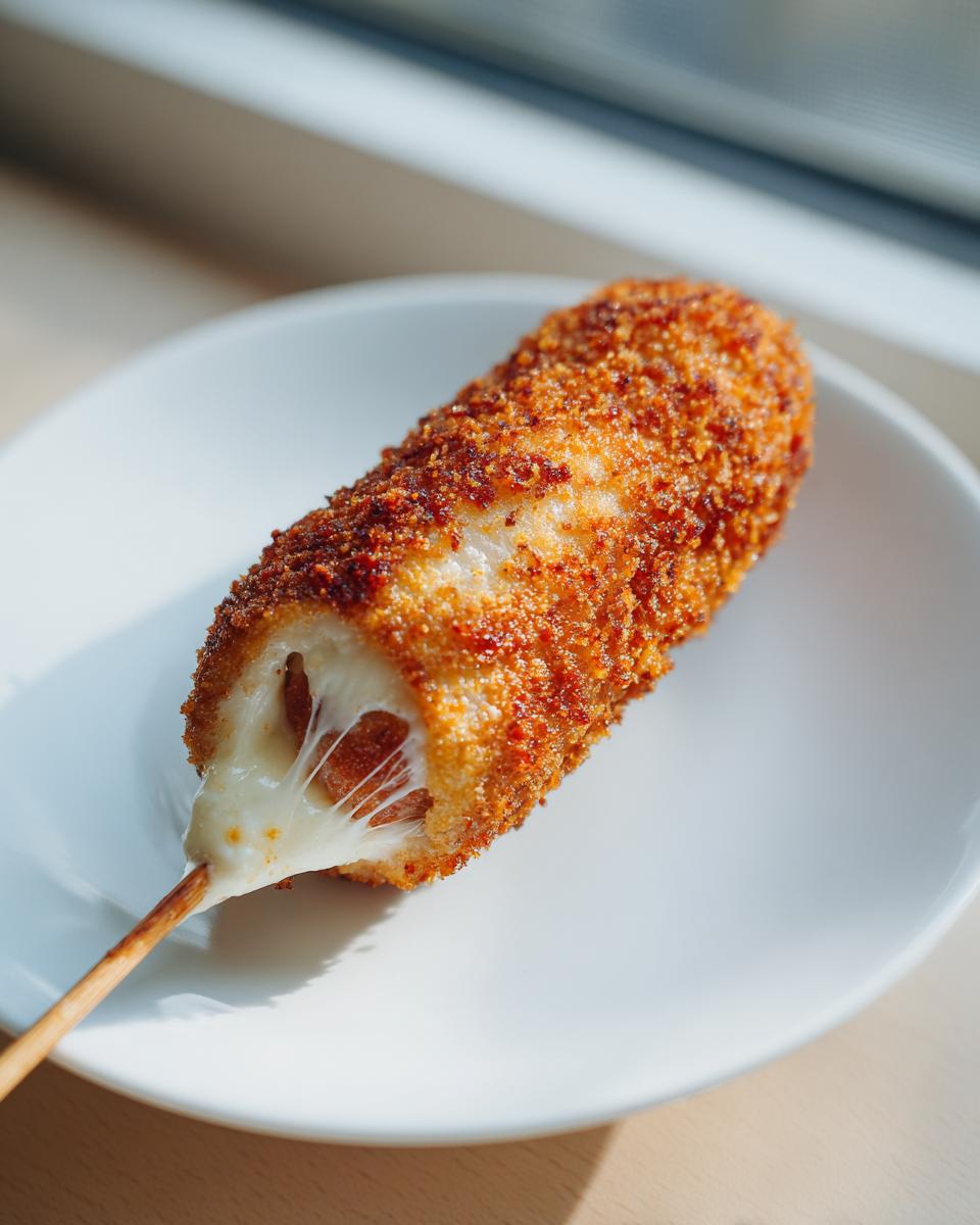 A freshly fried korean corn dog on a stick, showing melted, stretchy cheese pulling out from the crispy, golden-brown coating.
