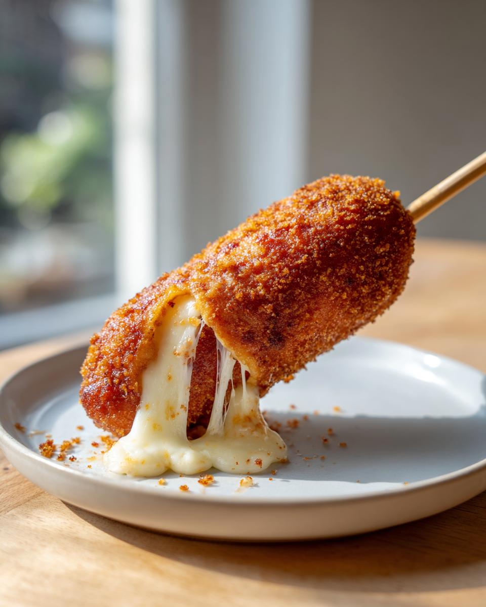 A crispy, deep-fried korean corn dog being pulled apart to show a dramatic, stretchy cheese pull onto a light plate.