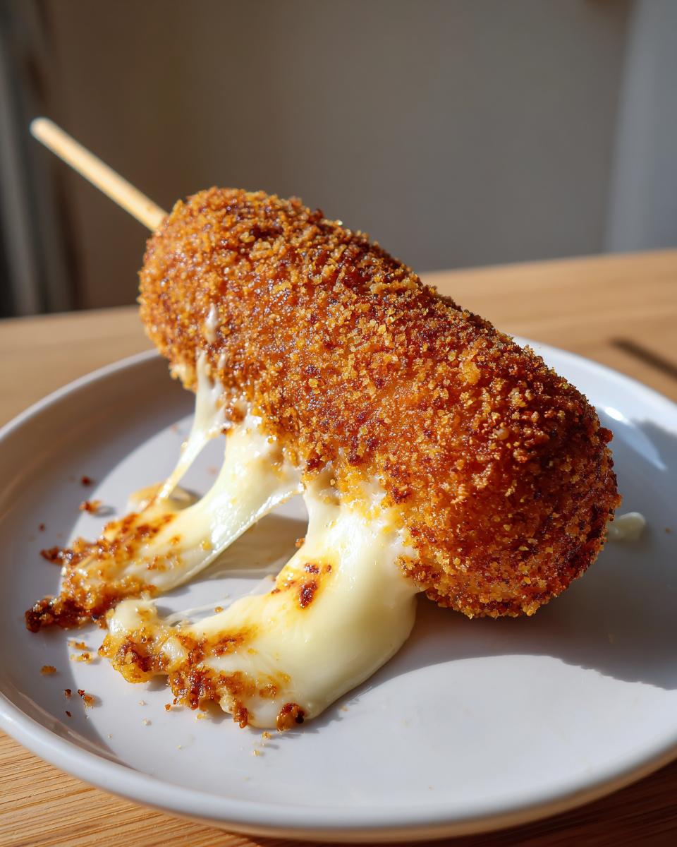 A close-up of a hot korean corn dog on a stick, showing melted mozzarella cheese stretching out from the crispy, golden-brown coating.