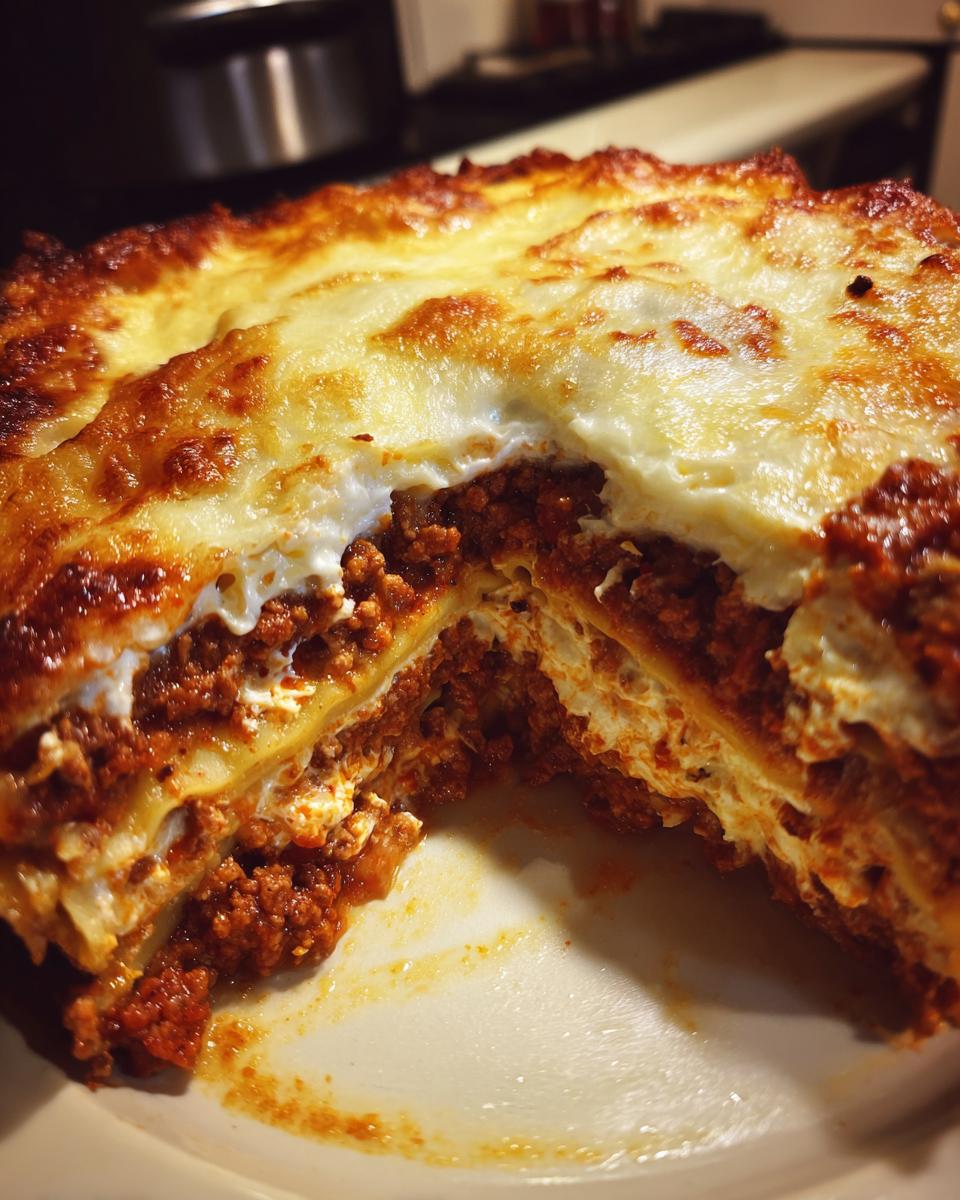 Close-up of a slice removed from a baked lazy lasagna showing layers of rich meat sauce and creamy cheese.