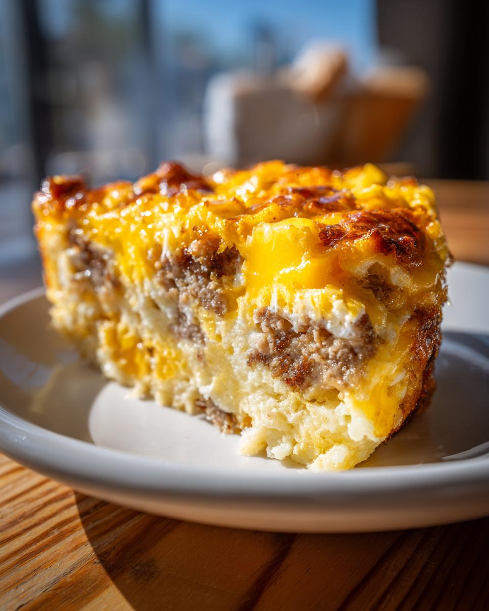 A thick, golden slice of cheesy sausage egg bake with a browned top, served on a white plate.