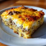 A close-up of a hearty slice of cheesy sausage egg bake with a golden brown, bubbly cheese topping.