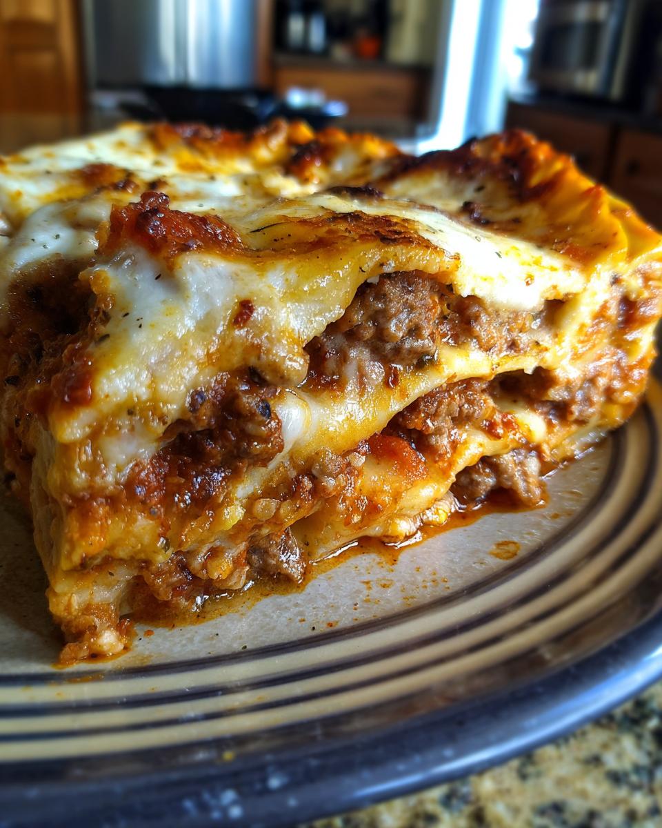 A rich, cheesy slice of lazy lasagna showing layers of meat sauce and melted mozzarella cheese.