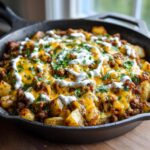 Close-up of Cheesy Taco Potatoes in a cast iron skillet, topped with melted cheddar, seasoned ground meat, sour cream, and parsley.