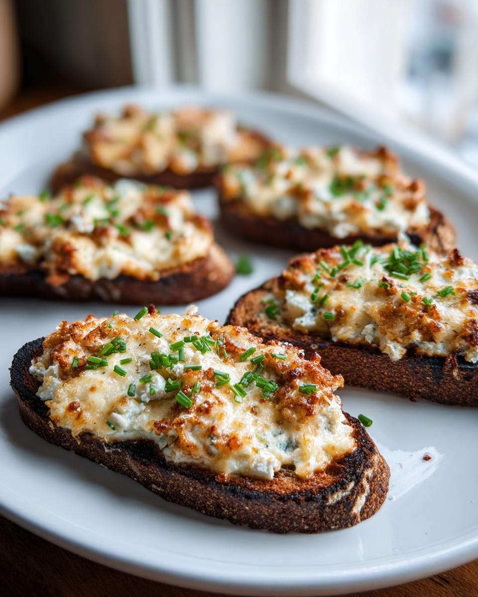 Close-up of toasted bread slices topped with a creamy, baked, cheesy mixture, garnished with chives, ready for the hanky panky recipe.