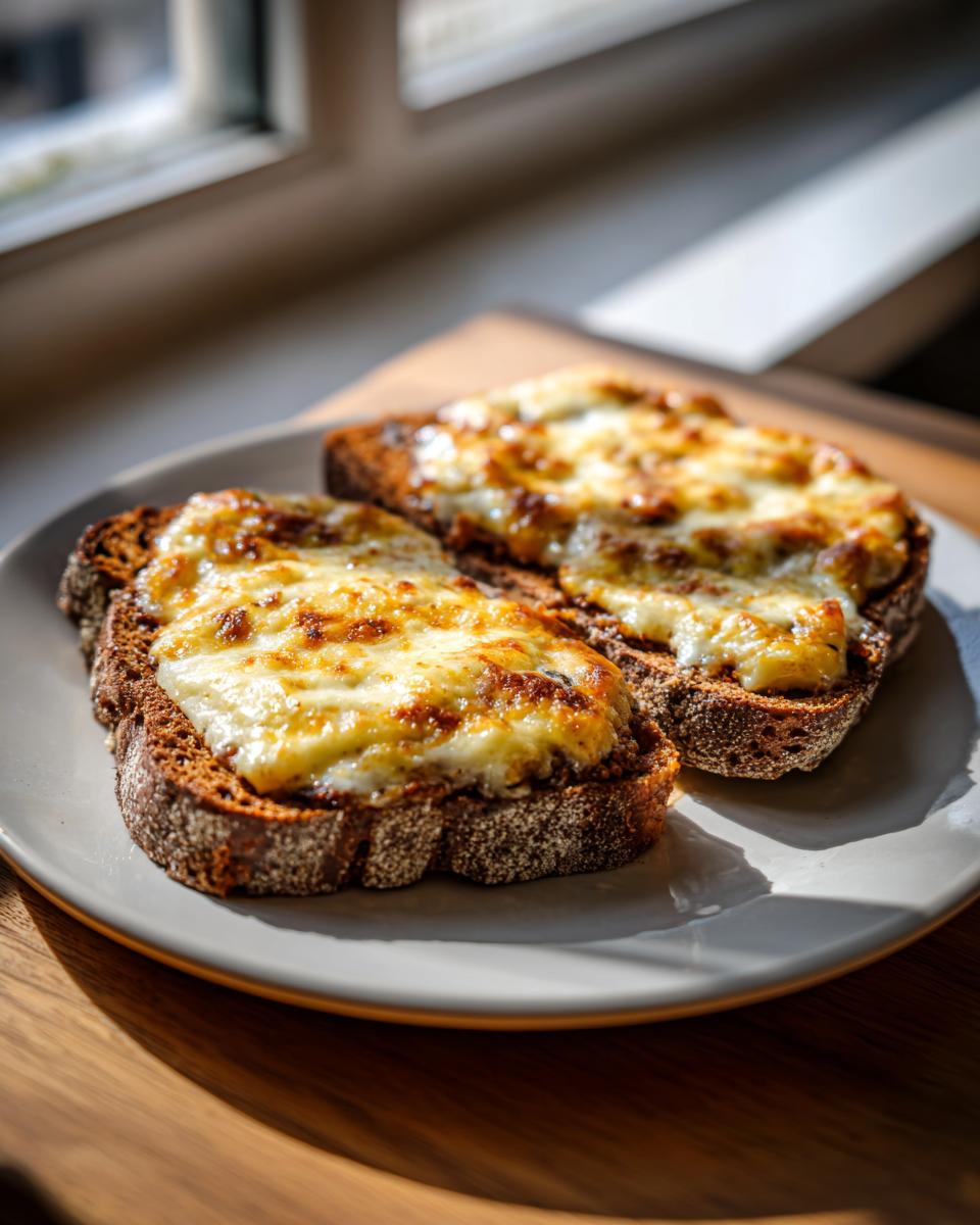 Two slices of dark bread topped with melted, browned cheese, ready to serve as part of the hanky panky recipe.