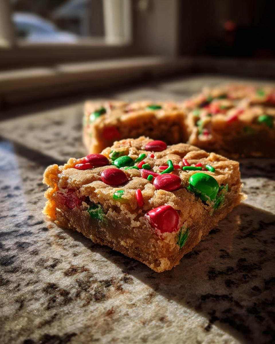 Close-up of a chewy Christmas cookie bars square topped with red and green candies and sprinkles.