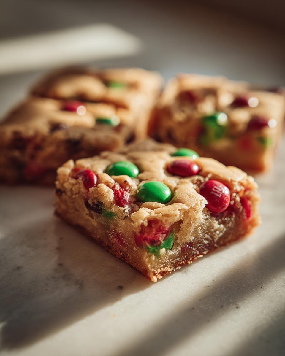 A close-up of a chewy Christmas cookie bars square topped with red and green M&M's candies.