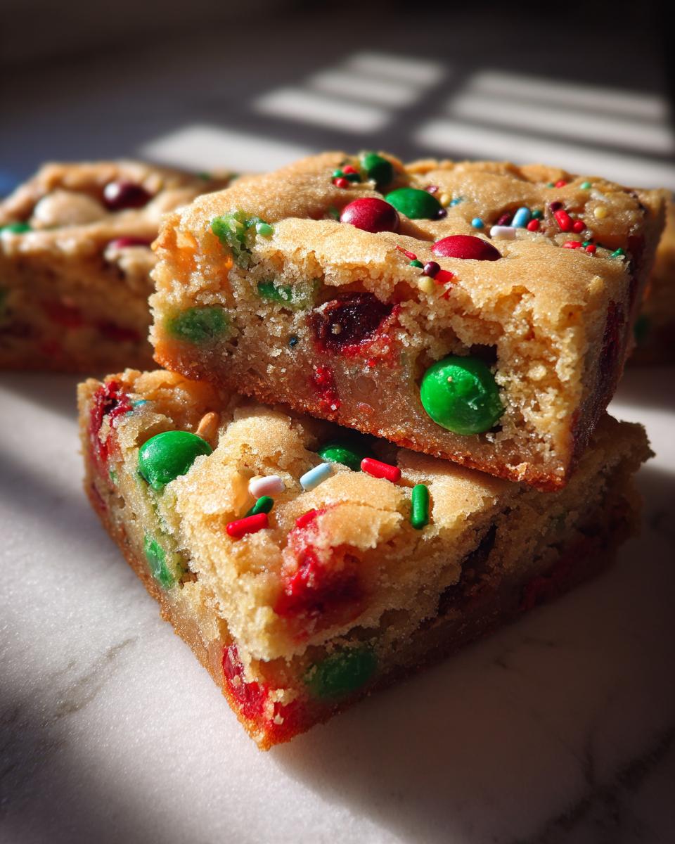 Two stacked, chewy Christmas cookie bars loaded with red and green candies and festive sprinkles.