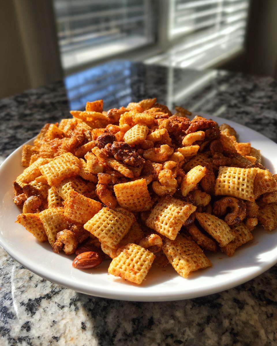A close-up of a large serving of seasoned Chex party mix, including square cereal pieces and nuts, on a white plate.