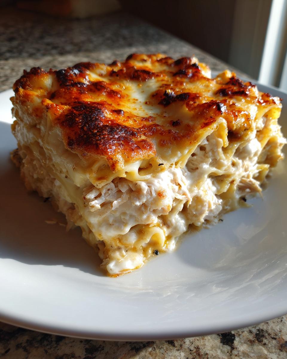 A thick, golden-brown slice of baked chicken alfredo lasagna showing creamy layers and a bubbly, charred cheese top.