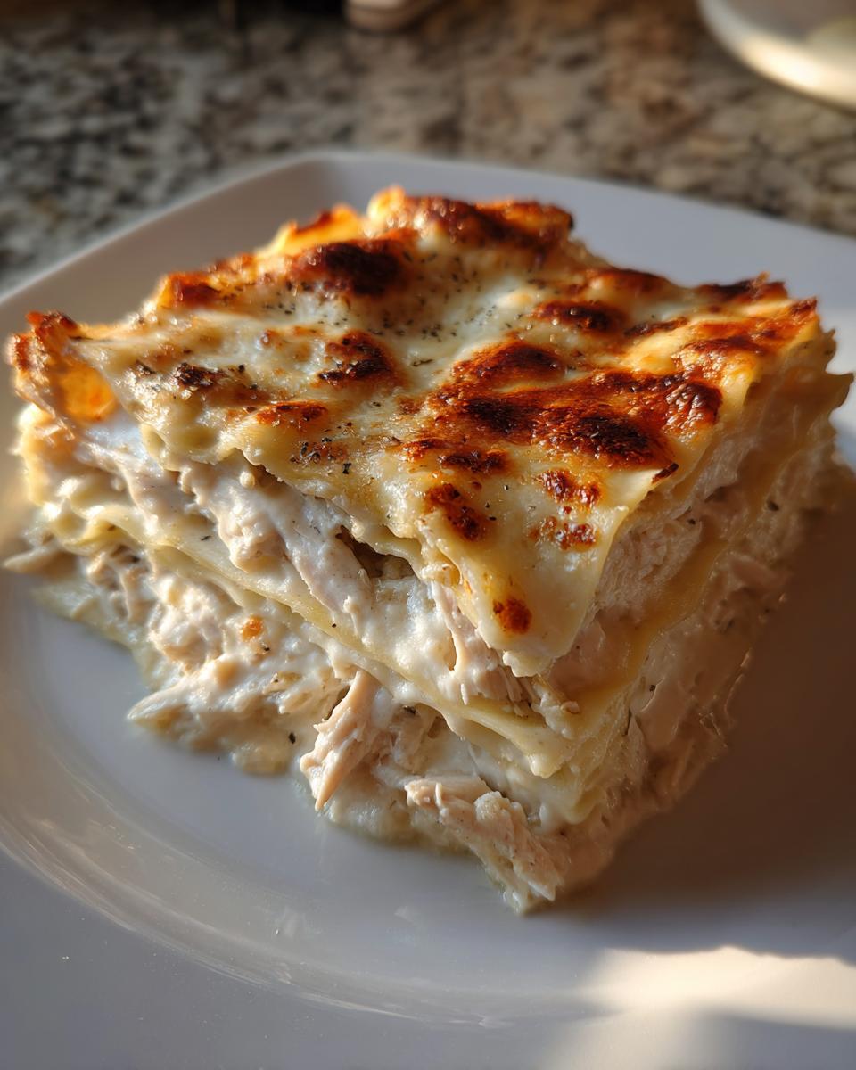 A square serving of rich chicken alfredo lasagna showing layers of pasta, creamy sauce, and shredded chicken, topped with browned cheese.