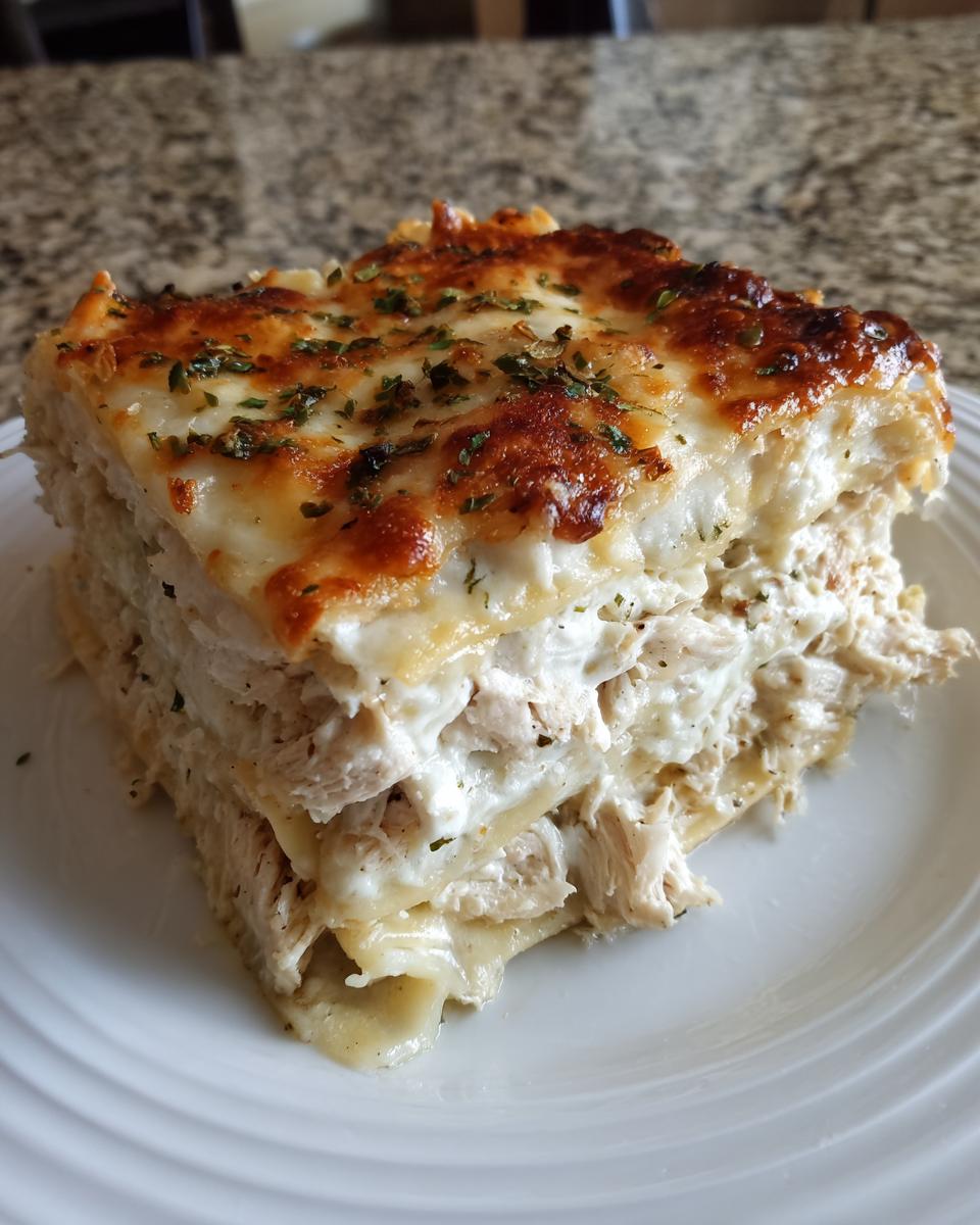 A generous square slice of chicken alfredo lasagna with layers of pasta, shredded chicken, and creamy sauce, topped with browned cheese and herbs.