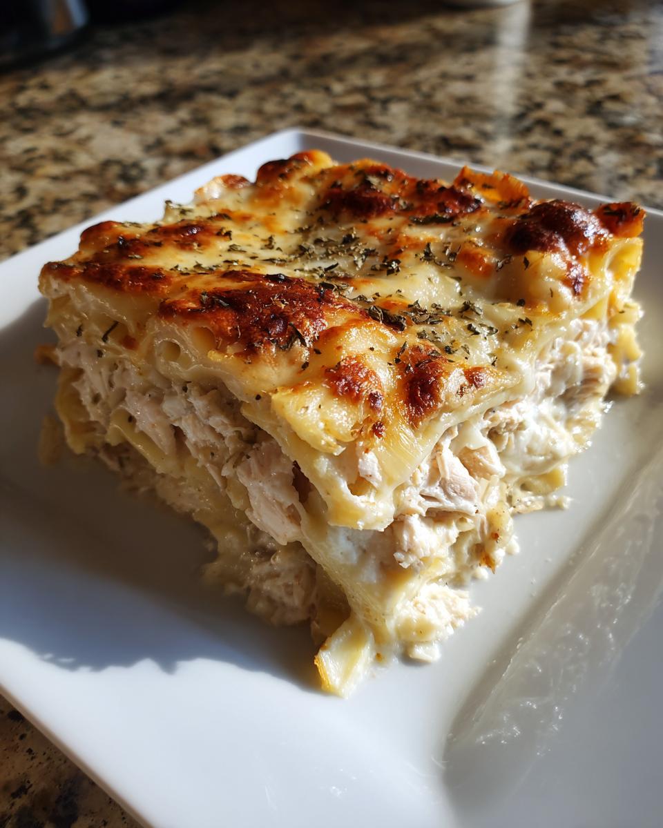 A square slice of rich chicken alfredo lasagna showing layers of pasta, creamy filling, and a bubbly, browned cheese top.