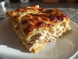 A generous slice of chicken alfredo lasagna showing layers of creamy filling and a richly browned, cheesy top.