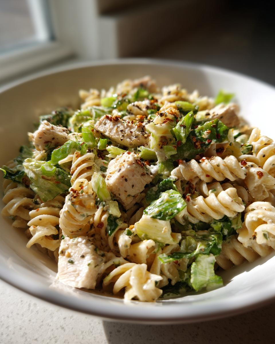 Close-up of a bowl filled with creamy chicken caesar pasta salad featuring fusilli pasta, diced chicken, and romaine lettuce.