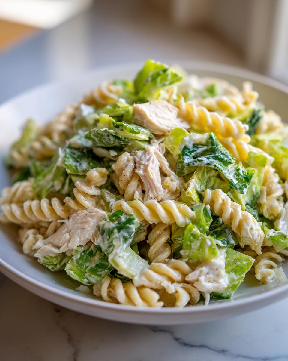 A close-up of a bowl filled with creamy chicken caesar pasta salad featuring rotini pasta, shredded chicken, and crisp romaine lettuce.