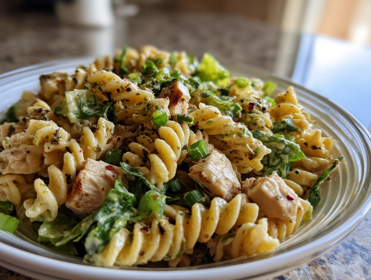 A close-up of a bowl filled with creamy chicken caesar pasta salad featuring rotini pasta, diced chicken, and green onions.